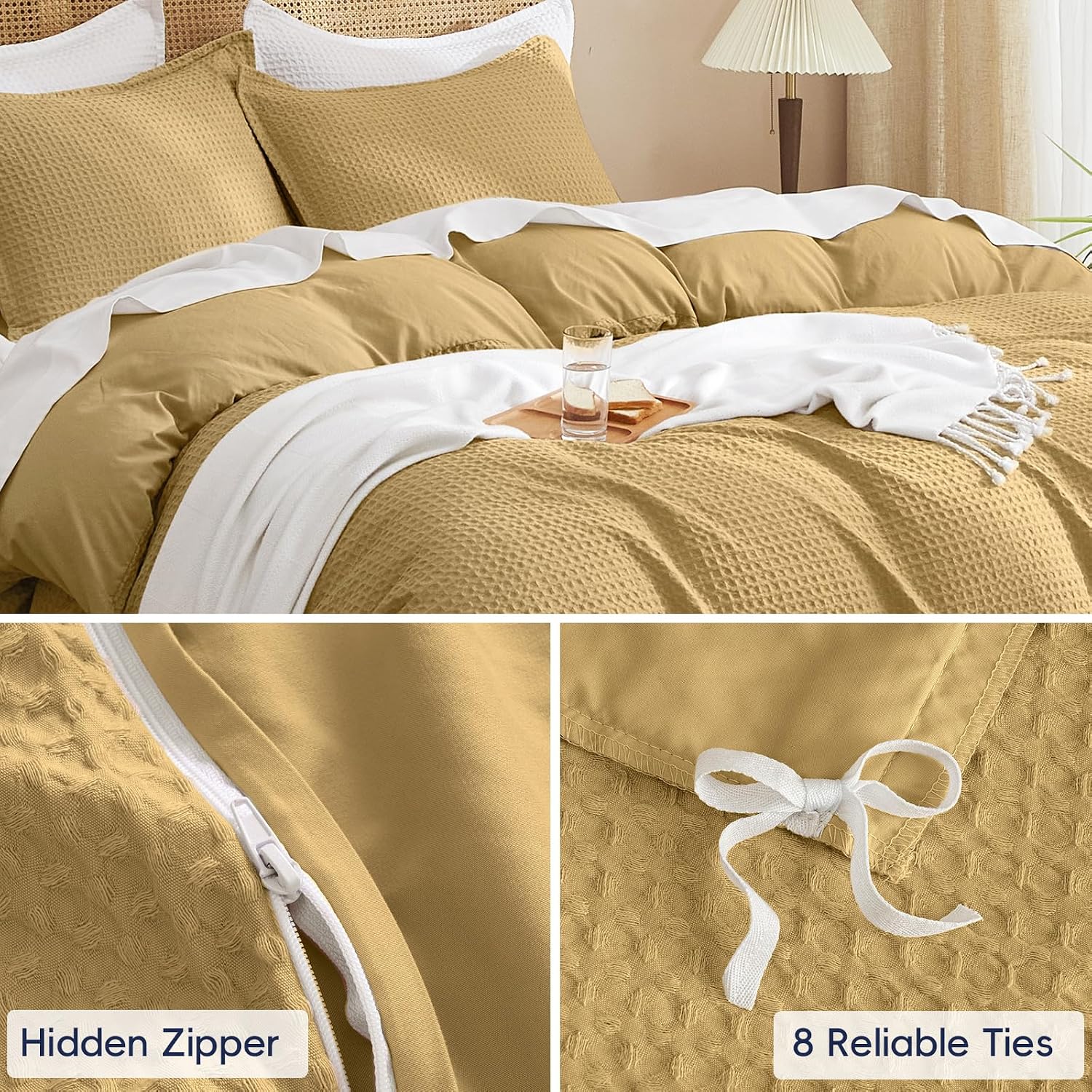 PHF Waffle Duvet Cover Queen, Ultra Soft & Breathable, 90"x90", Antelope
