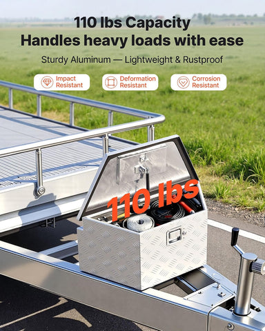 VEVOR Trailer Tongue Box, Heavy Duty Trailer Tongue Tool Box Storage Organizer with Lock & Keys, Utility Tool Chest for Pickup Truck Bed, RV, SUV, Off-Road Vehicle, Aluminum, 26" x 13" x 12", Silver