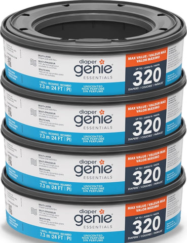 Diaper Genie Essentials Round Refill 4-Pack | Holds Up to 1280 Newborn Diapers | Features Unscented Continuous Film | Compatible with Diaper Genie Complete and Expressions Pails