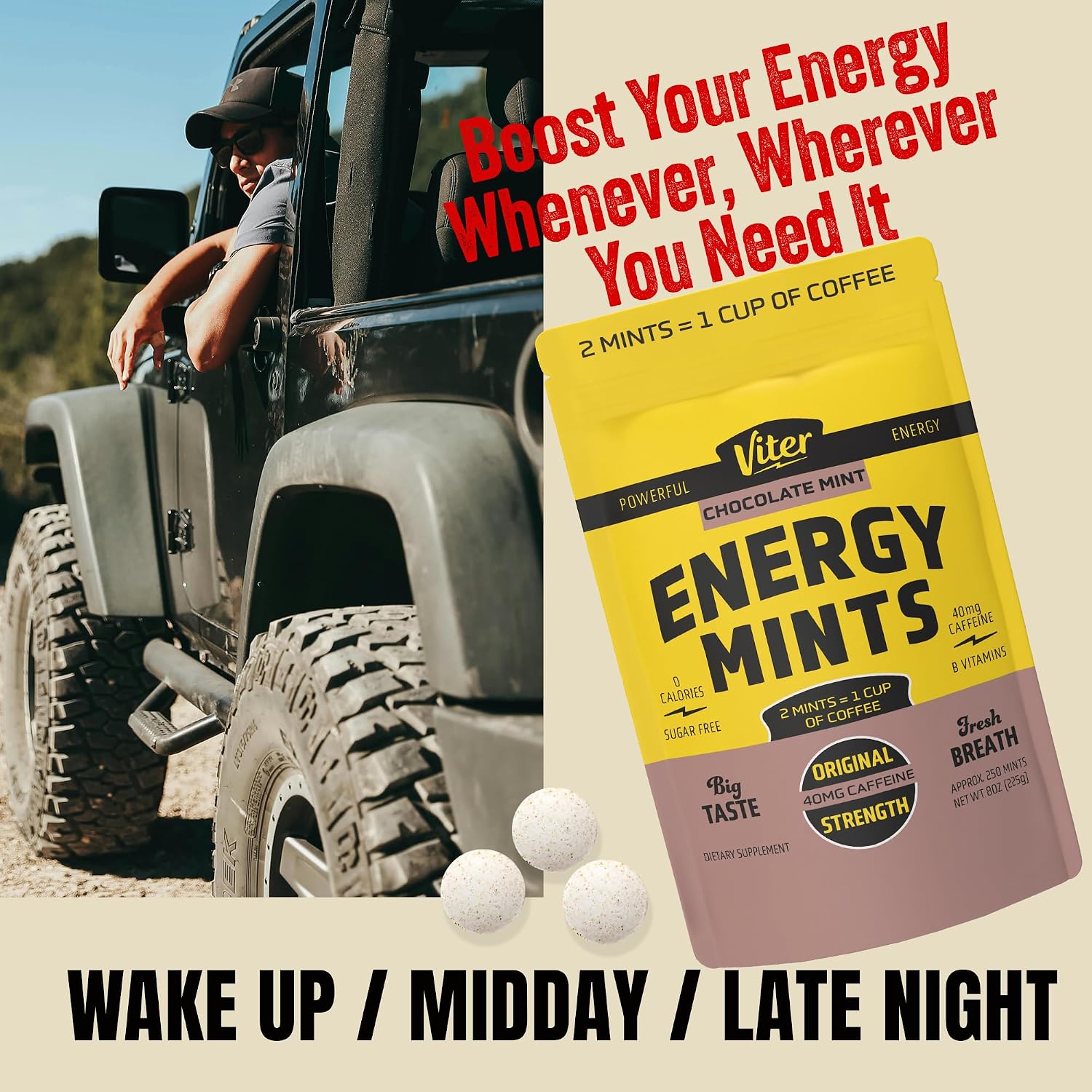 Viter Energy Caffeine Mints 40mg, Sugar Free, Chocolate Mint, 8oz Bulk Bag