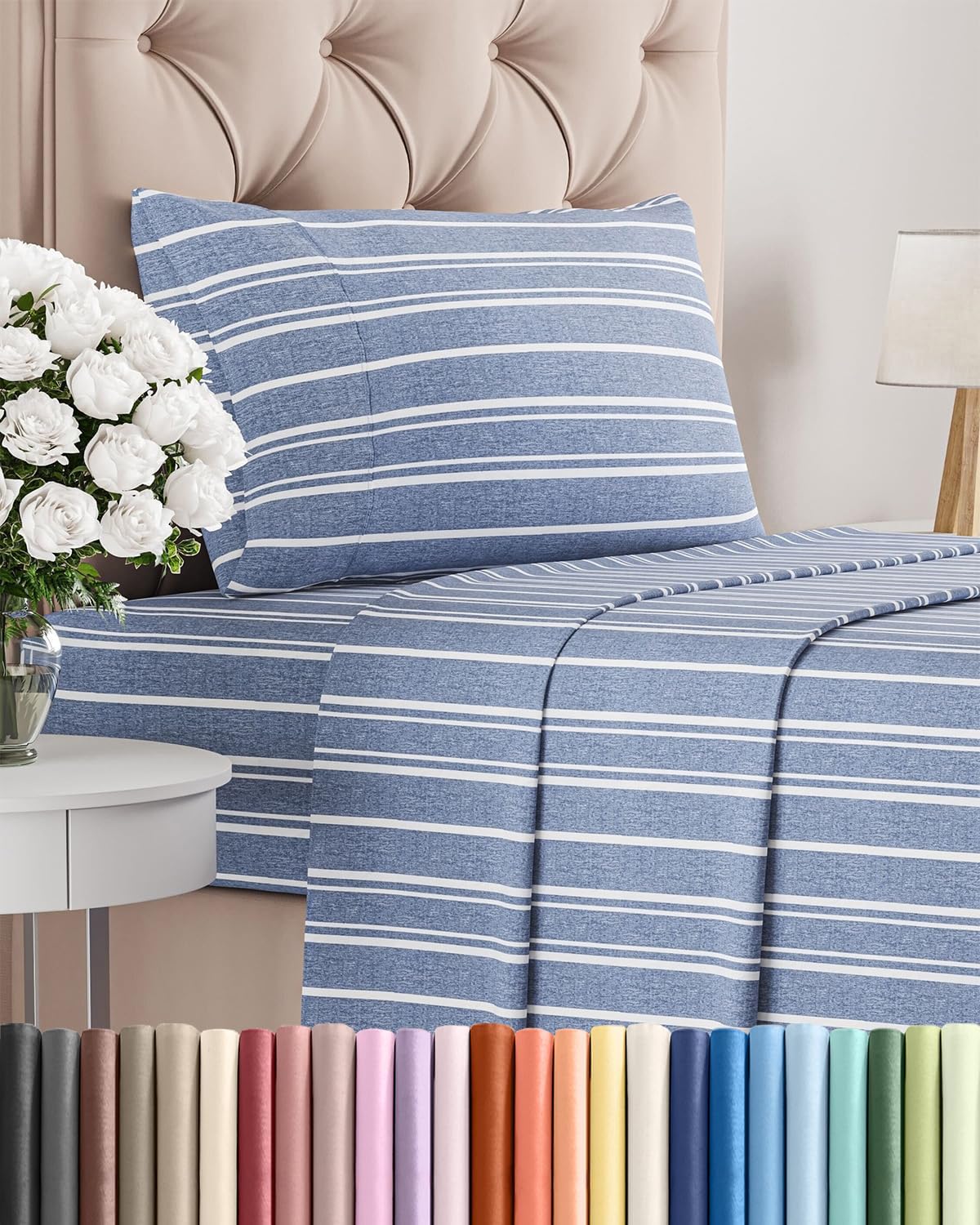 Twin Size 3 Piece Sheet Set - Breathable & Cooling Sheets - Blue Stripes