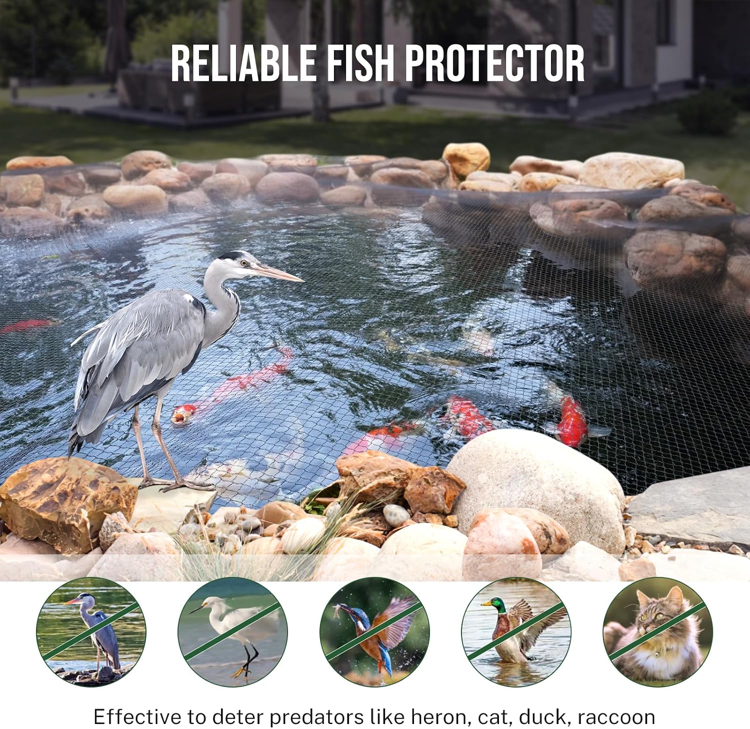 Pond Netting for Koi Ponds, 7 x 10ft Koi Pond Net Cover, Durable & Sturdy Pond Netting Cover for Leaves, Protect Koi Fish Against Herons, Raccoons, Cats & Predators, 12pcs Stakes Included