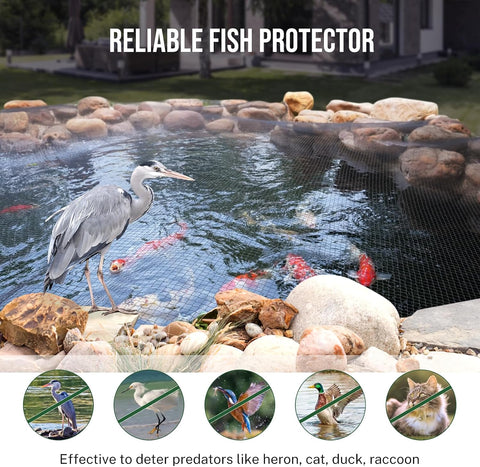 Pond Netting for Koi Ponds, 7 x 10ft Koi Pond Net Cover, Durable & Sturdy Pond Netting Cover for Leaves, Protect Koi Fish Against Herons, Raccoons, Cats & Predators, 12pcs Stakes Included