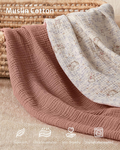 Blissful Diary Muslin Crib Sheets, 2 Pack, Blush Bunny Floral & Dusty Pink