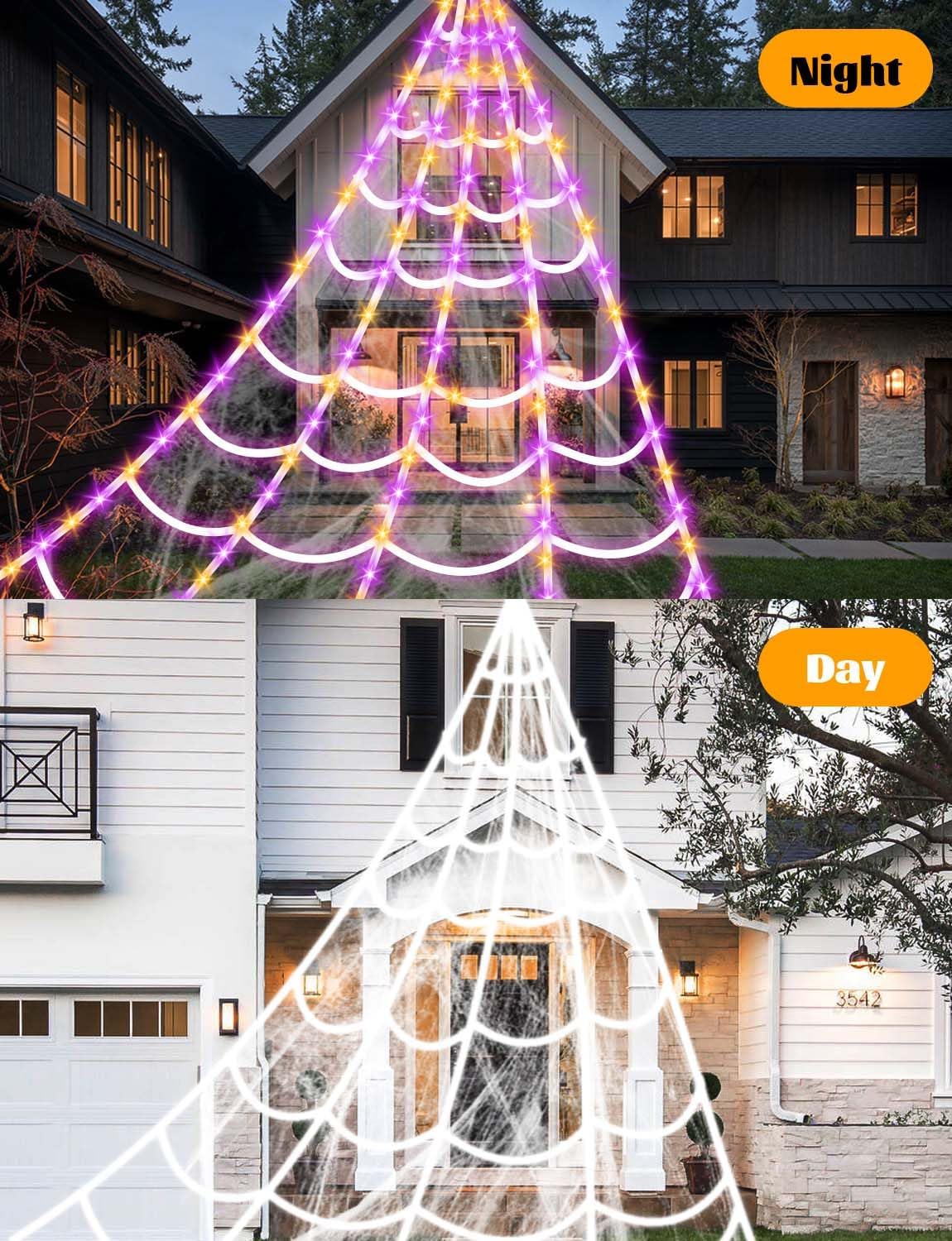 Spider Webs Halloween Decorations Lights - 250 LEDs Outdoor Halloween String Lights,8 Modes Remote Control 16.4Ft Spiderweb,Waterproof (Orange+Purple)