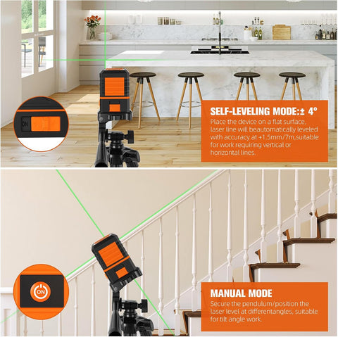 Laser Level with Tripod, 120 feet Green Cross Line Self Rotary Leveling Laser Level, Vertical and Horizontal Line, Rotatable 360 Degree, Manual Self leveling and Pulse Mode,IP54 Waterproof & Battery