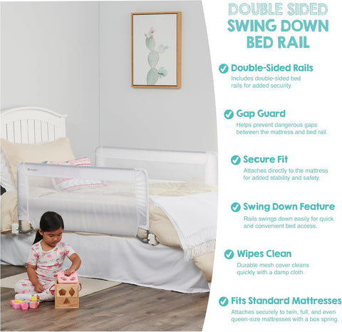 Regalo Safety Double-Sided Swing Down Bed Rail Guard (2-Pack), Toddler Bed Rail for Twin to Queen Beds, Extra Long 43”, Reinforced Anchor System, Easy Install, White