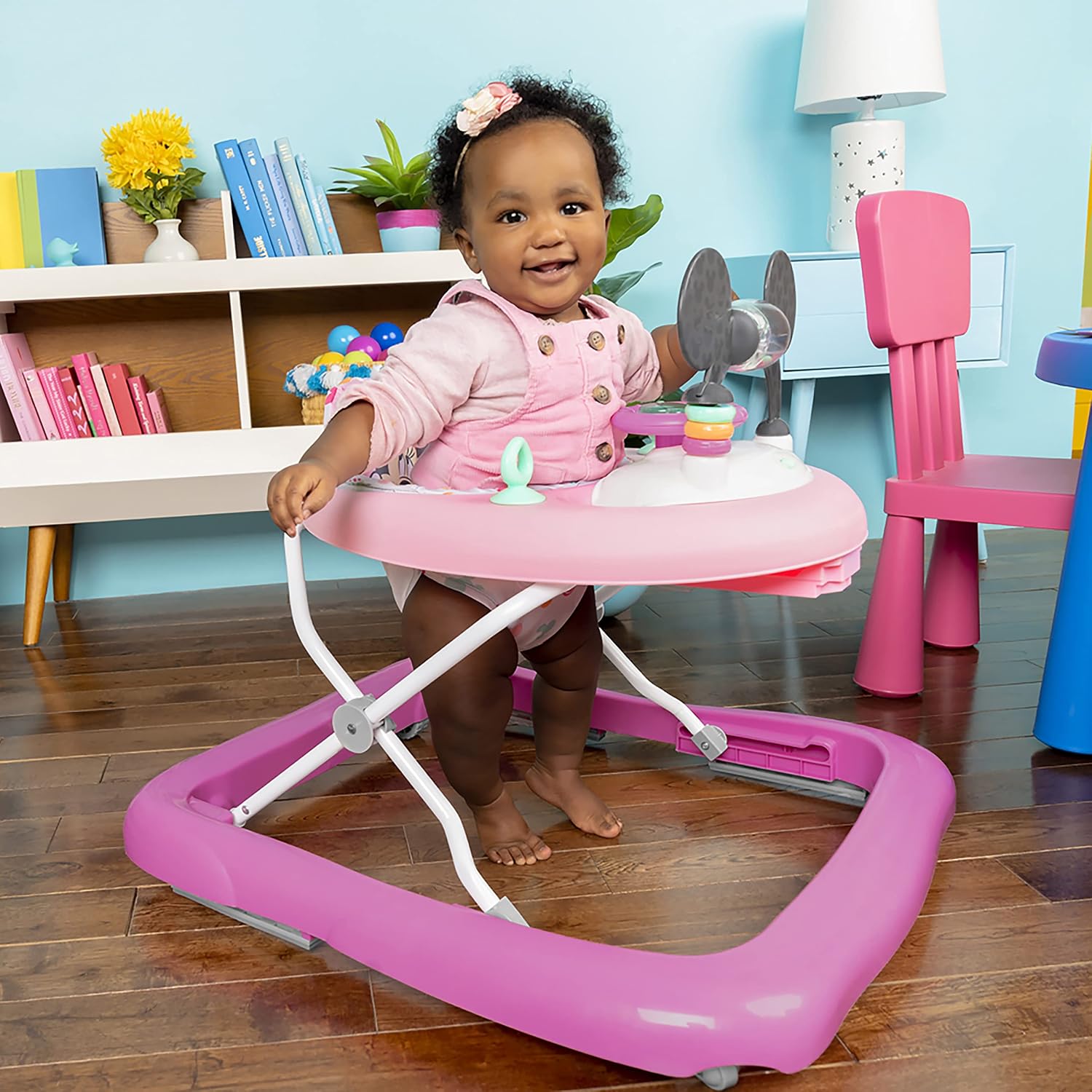 Bright Starts Disney Baby Minnie Mouse Forever Besties 2-in-1 Baby Activity Walker - Easy Fold Frame and Removable -Toy Station, 6 Months and up