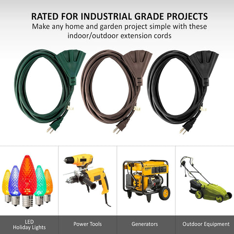 Holiday Lighting Outlet 25-Foot Green Extension Cord, 3-Prong Indoor & Outdoor Splitter, Perfect for Landscape Lighting