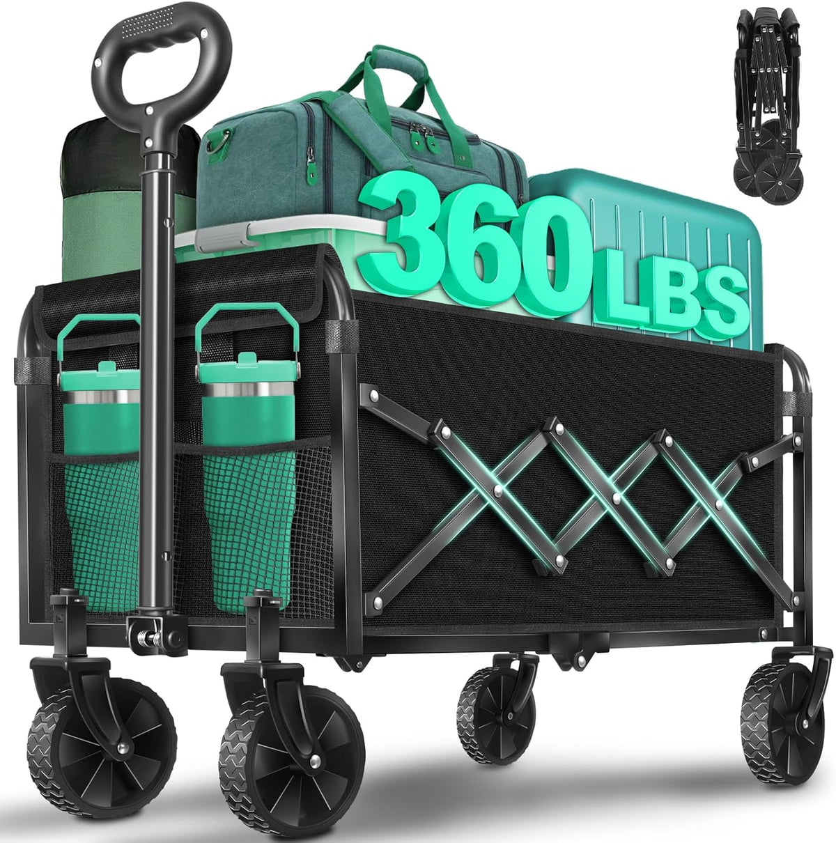 KINGRACK Collapsible Wagon Cart with Wheels Foldable, Black, 360 lbs Heavy Duty Folding Utility Wagon - Portable All Terrain Grocery Cart for Groceries/Shopping/Outdoor/Camping/Fishing/Sports