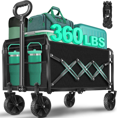 KINGRACK Collapsible Wagon Cart with Wheels Foldable, Black, 360 lbs Heavy Duty Folding Utility Wagon - Portable All Terrain Grocery Cart for Groceries/Shopping/Outdoor/Camping/Fishing/Sports