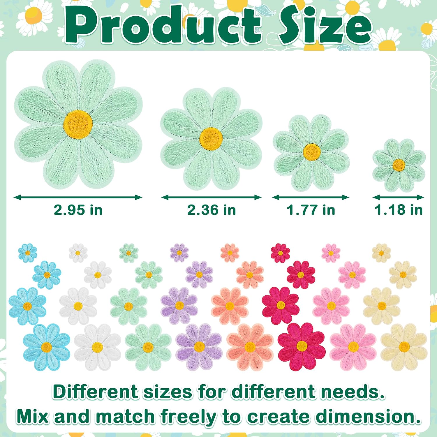 32Pcs 4 Sizes Daisy Flower Iron on Patches, Cute Embroidered Floral Applique Patches for Clothes, Bags, Hats, Jackets, Jeans and Backpacks(Large)