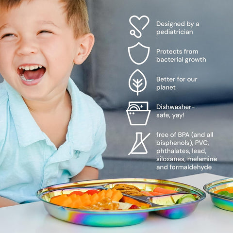 Ahimsa Stainless Steel Kids Divided Plates, Rainbow, 4 Plates