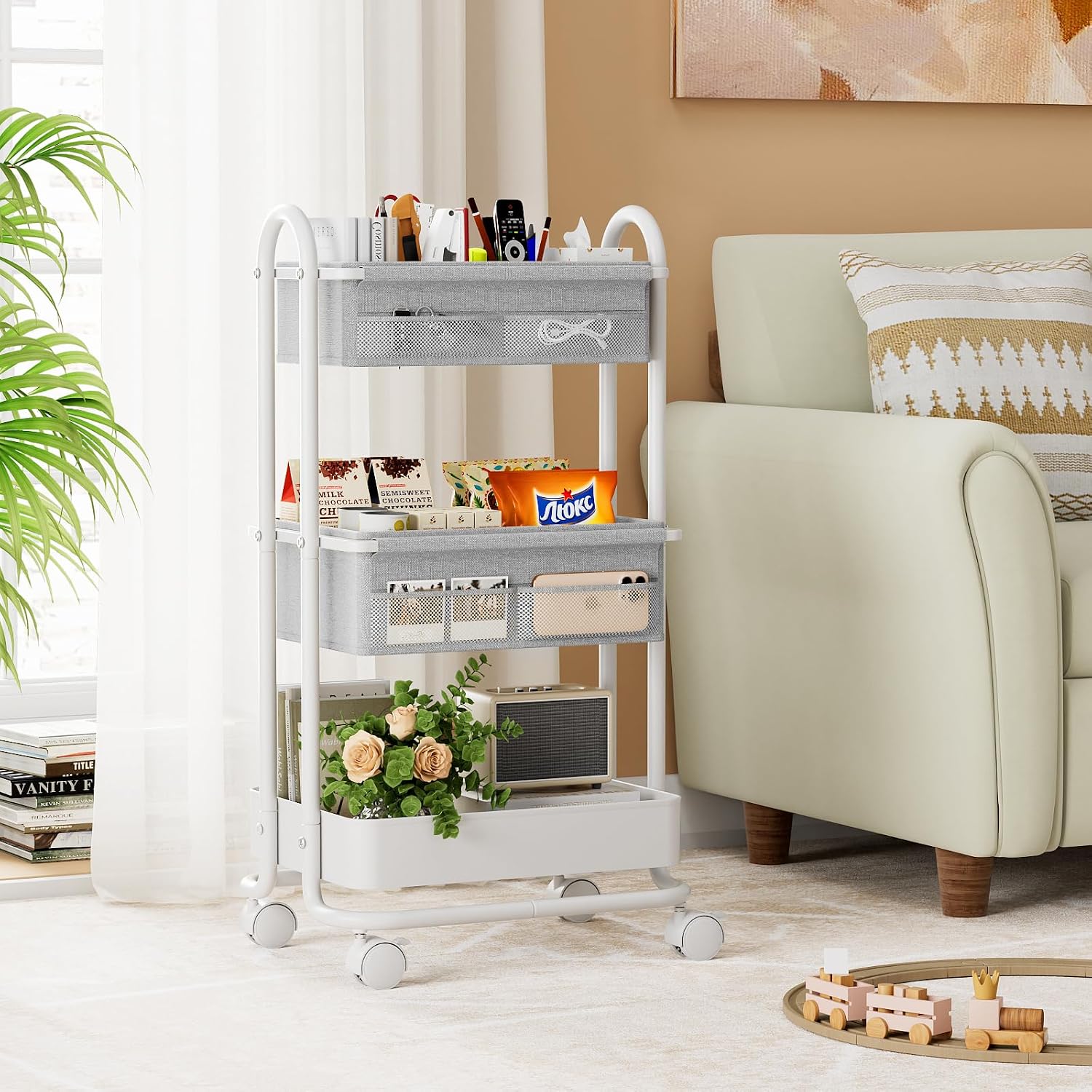 Modanais Baby Diaper Caddy Organizer Cart - 3 Tier Rolling Cart, Light Gray