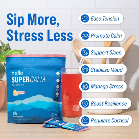 Nello Supercalm Powdered Drink Mix, Cortisol Reducer and Sleep Aid Supplement, L Theanine, Ksm-66 Ashwagandha, Magnesium Glycinate, Vitamin D 3, No Sugar, Non GMO, On The Go, 20 Ct, Raspberry Lemonade