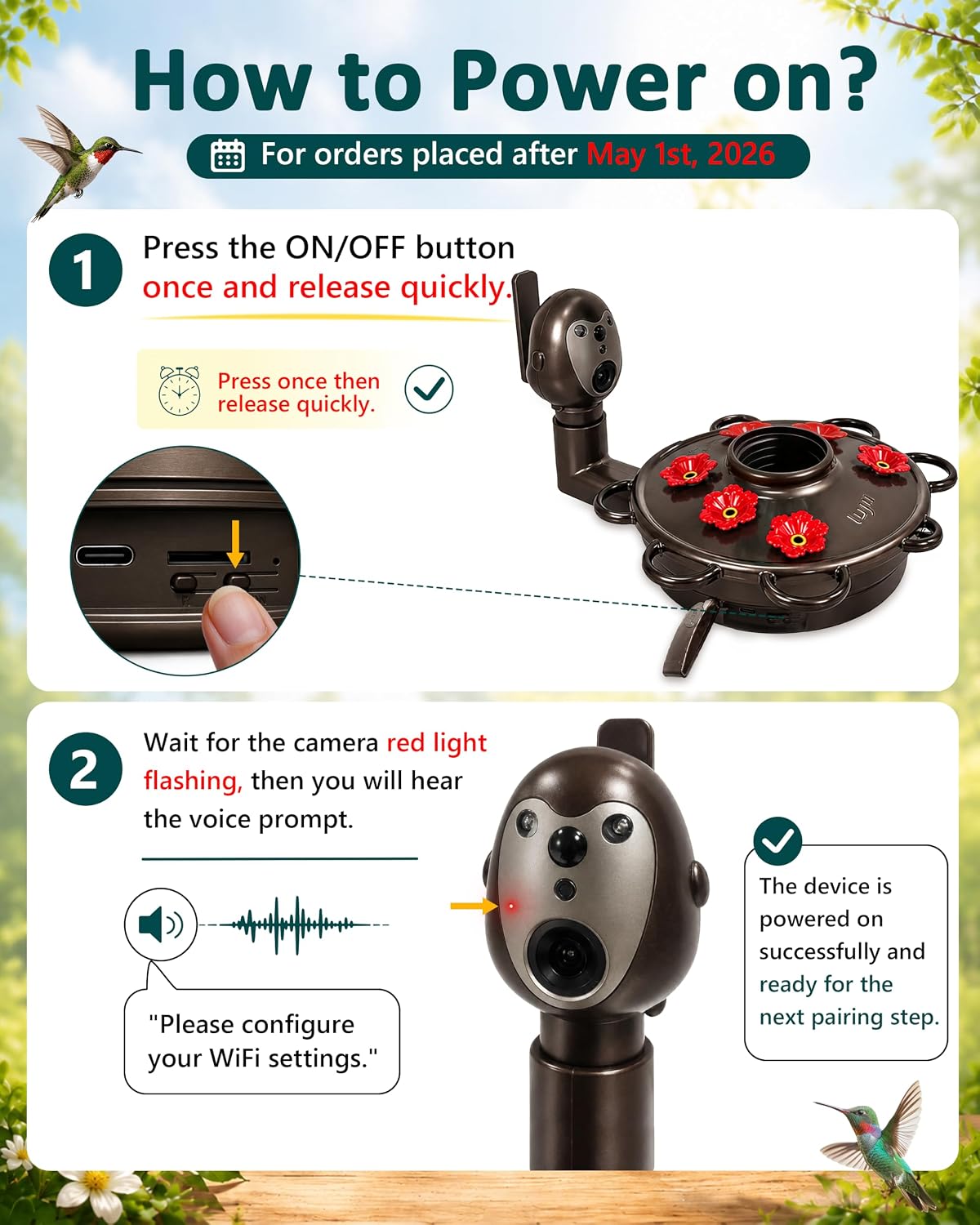 LUJII Smart Hummingbird Feeder with Camera for Outdoor Hanging, Hand Blown Glass, Solar WiFi Feeder with Live View App, 6 Feeding Ports, Leak-Resistant Design, Ant Moat & Gift Box, 36 fl oz, Ribbon