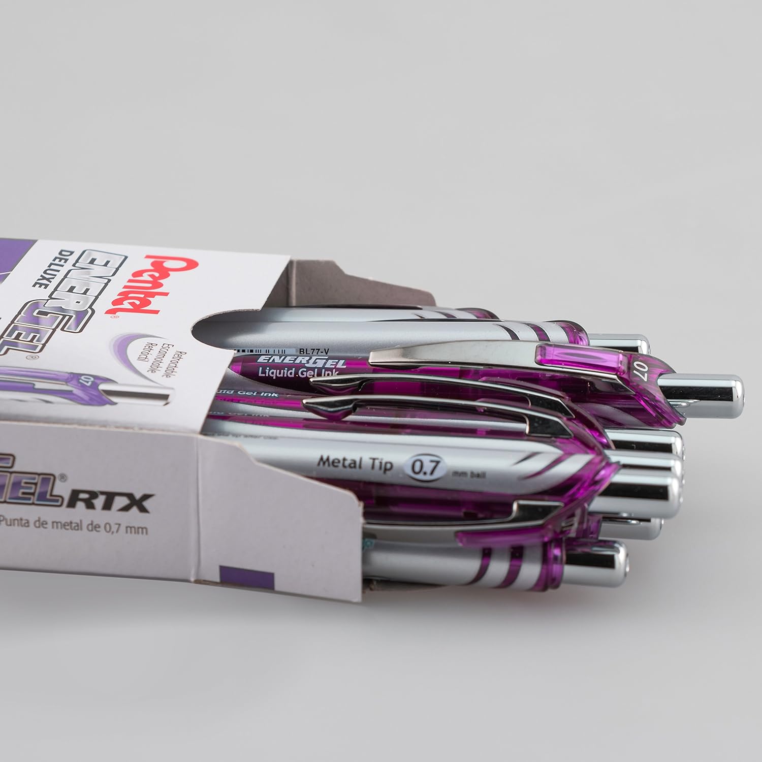 Pentel EnerGel RTX Retractable Liquid Gel Pen, (0.7mm), Medium Line, Metal Tip, Violet Ink, Box of 12 (BL77-V)