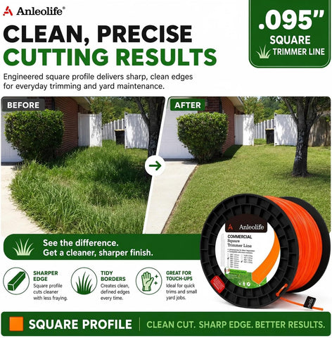 Anleolife .095" Commercial Square String Trimmer Line for Weeds, 1280ft 5lb