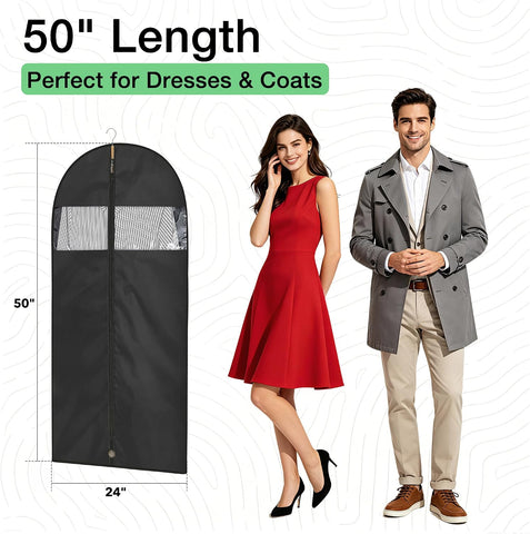 Garment Bags for Hanging Clothes, 50" Suit Bags for Closet Storage, 2-Pack Garment Covers with Clear Window, Foldable Clothing Bags for Suits, Jackets & Dresses (Black)