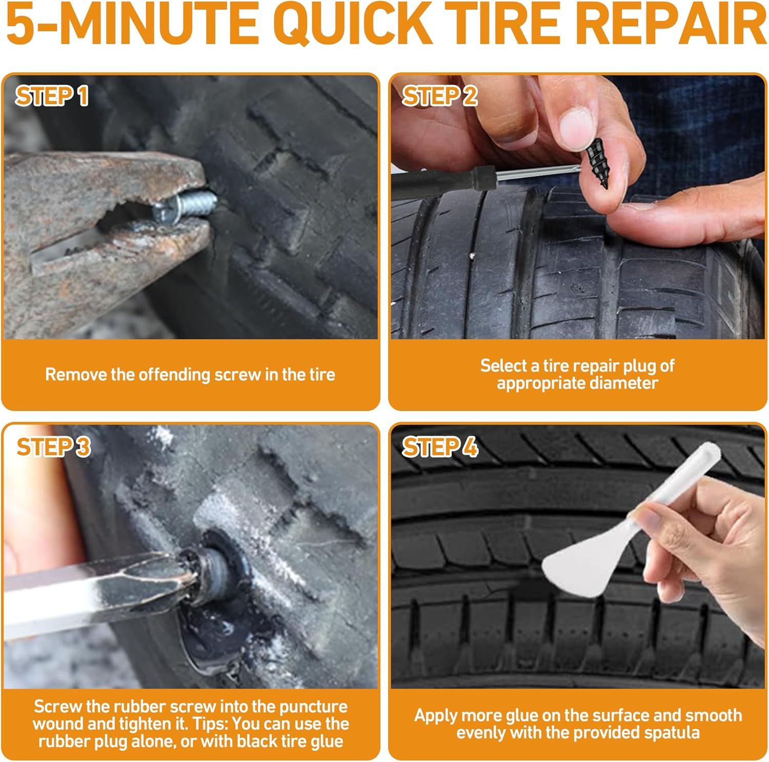40 PCS Quick Fix Screw-in Tire Plug Kit with 2 Tubes of Sealant Glue