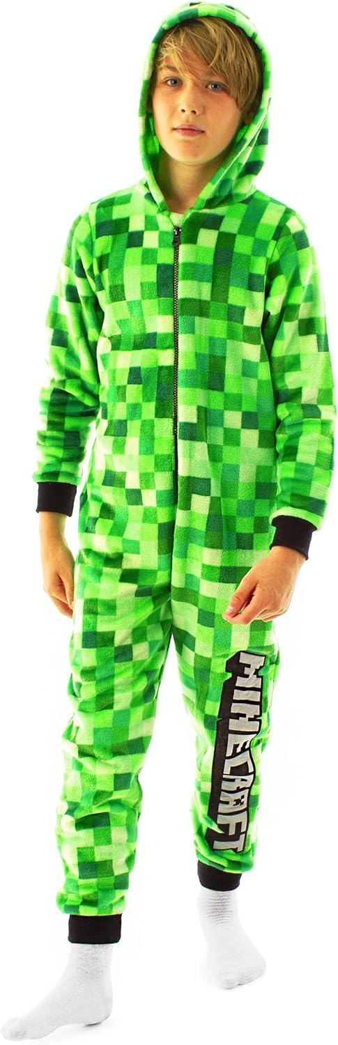 Minecraft Creeper Onesie For Kids | Options Bosy and Grirls TNT Camo and Pixels Sleepsuit with Hood Video Game Loungewear