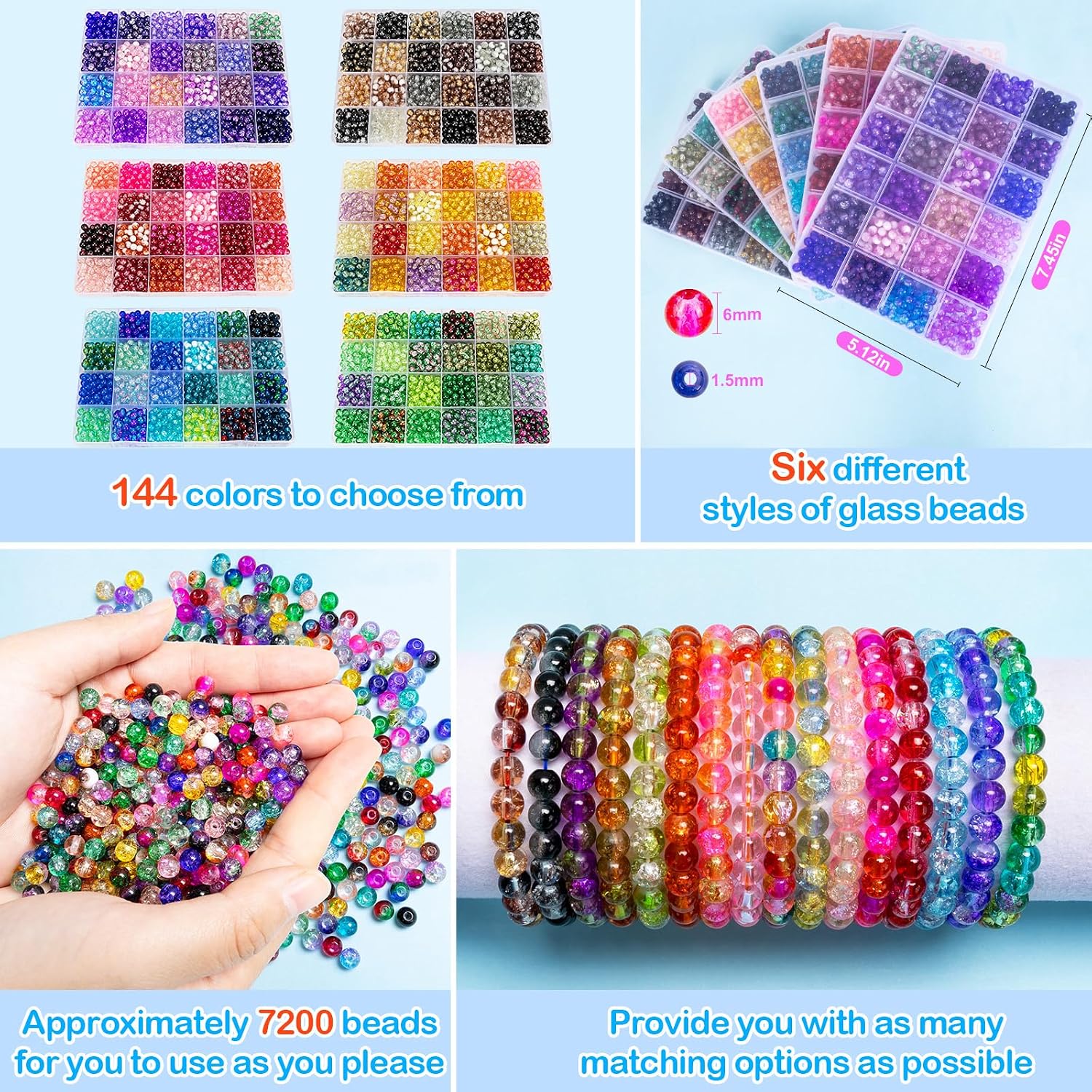 XSEINO About 7200pcs 144 Colors 6mm Crackle Glass Beads Bracelet Making Kit