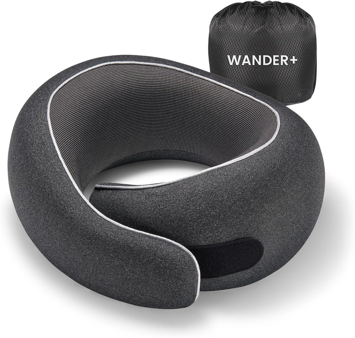 Wander+®Travel Neck Pillow, Pure Memory Foam Neck Pillow for Airplanes, Comfortable Breathable Cover, 360 Degree Support Ergonomic Design Best for Sleeping Plane Train Travel Essentials Max Black