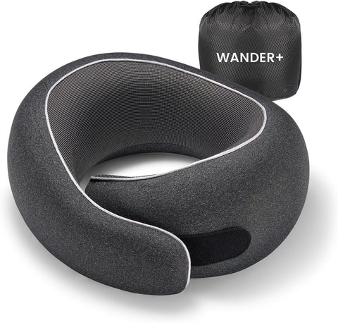 Wander+®Travel Neck Pillow, Pure Memory Foam Neck Pillow for Airplanes, Comfortable Breathable Cover, 360 Degree Support Ergonomic Design Best for Sleeping Plane Train Travel Essentials Max Black