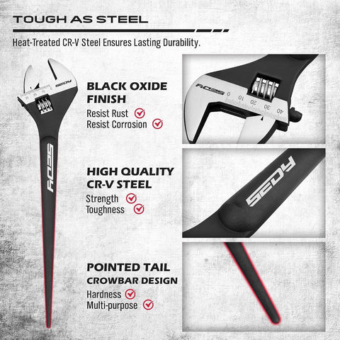 3-Piece Adjustable Spud Wrench Set, 10-inch, 12-inch, 16-inch, SAE and Metric Scale Marked, CR-V Steel with Black Oxide Finish