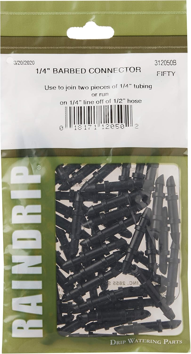 Raindrip 312050B Drip Irrigation Fittings Single Barbed Coupling Connectors, 1/4-Inch, 50 Per Bag, for Trees, Shrubs, Gardens, Black