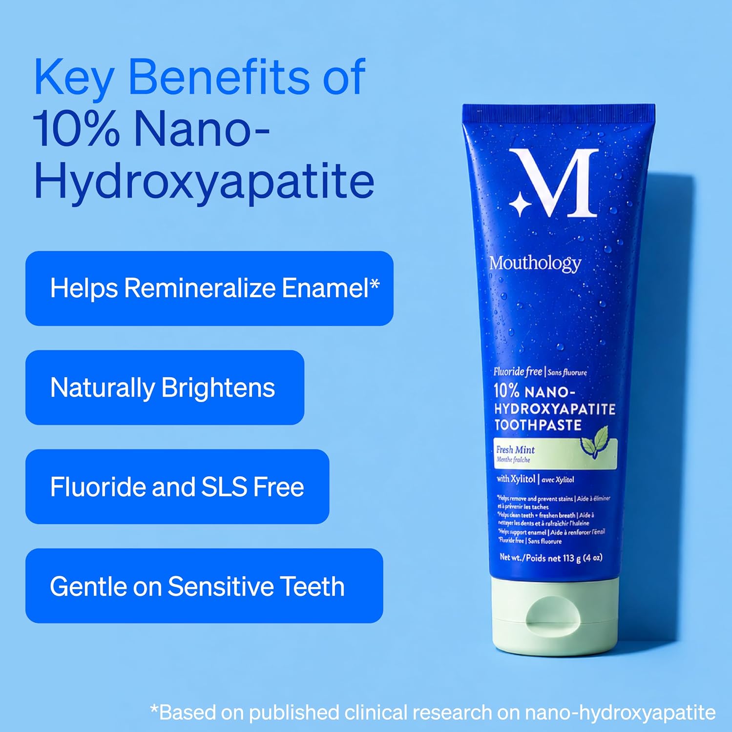 Mouthology 10% Nano Hydroxyapatite Toothpaste Fluoride Free, Whitening*, Rod Shaped nHA, Xylitol Toothpaste for Adults, Enamel Care*, Sensitive Teeth*, SLS Free, Mint 4oz (USA Made) Package May Vary