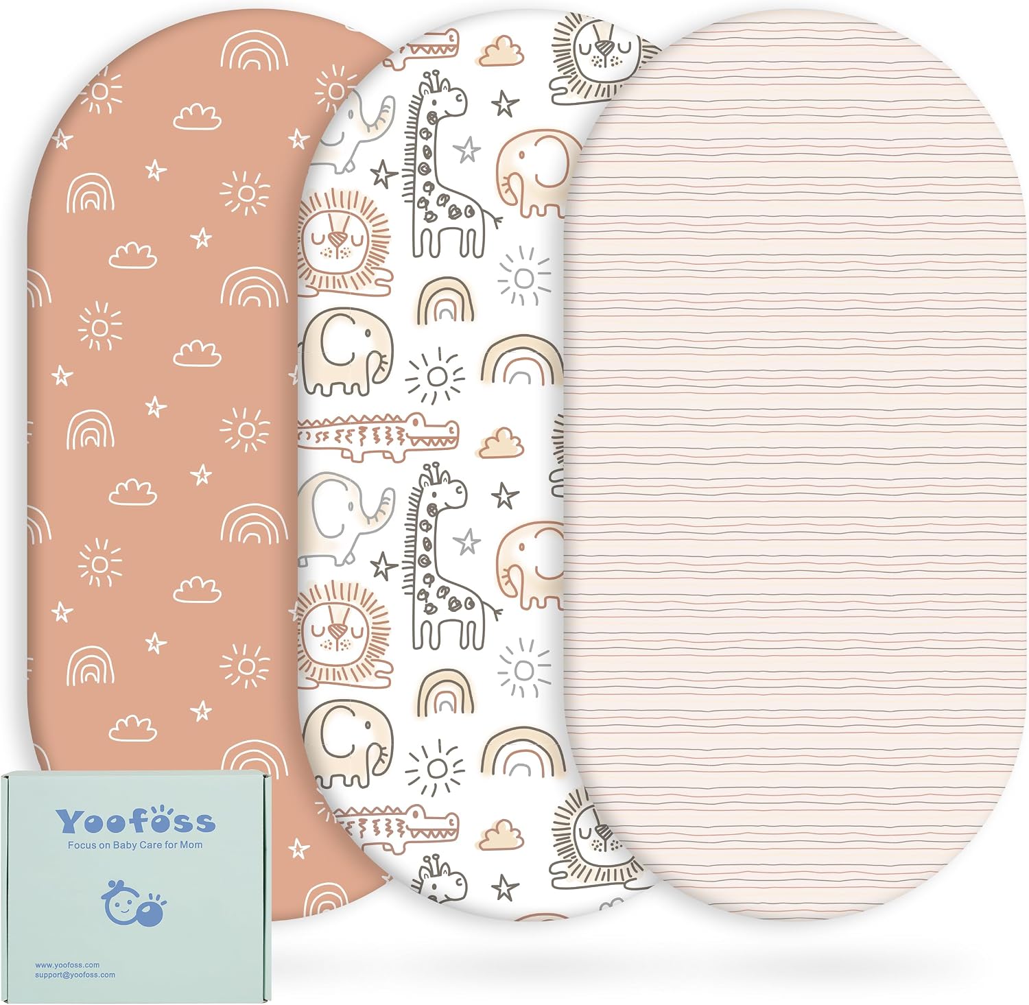 Yoofoss 3-Pack Bassinet Sheets for Boys Girls Universal Fit (Beige+Animals)
