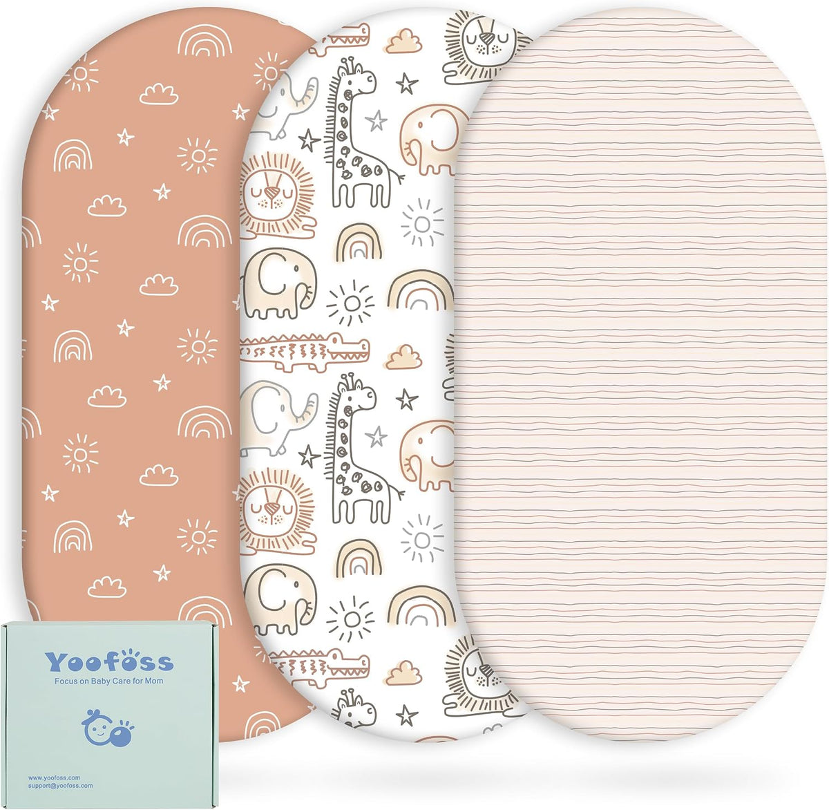 Yoofoss 3-Pack Bassinet Sheets for Boys Girls Universal Fit (Beige+Animals)