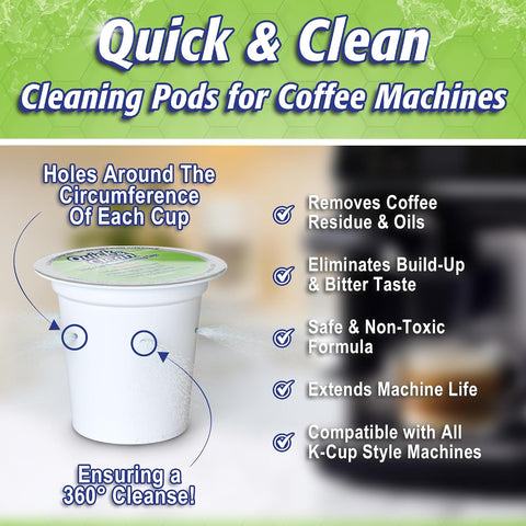 Quick & Clean [18-Pack] Cleaning Pods - K Cup Cleaner Pods for Keurig - 2.0 Coffee Machine Compatible, Removes Stains, Non-Toxic and Eco-Friendly