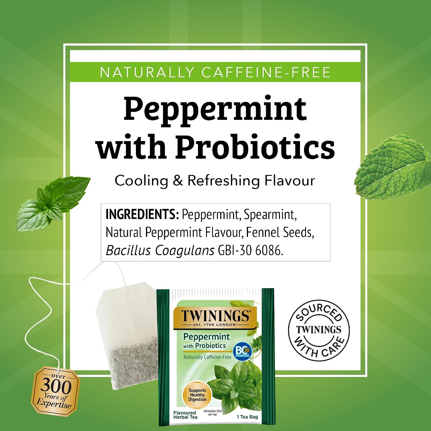Twinings Peppermint with Probiotics Herbal Tea, 18 Count (Pack of 6), Supports Healthy Digestion, Naturally Caffeine-Free, Enjoy Hot or Iced, 108 Teabags