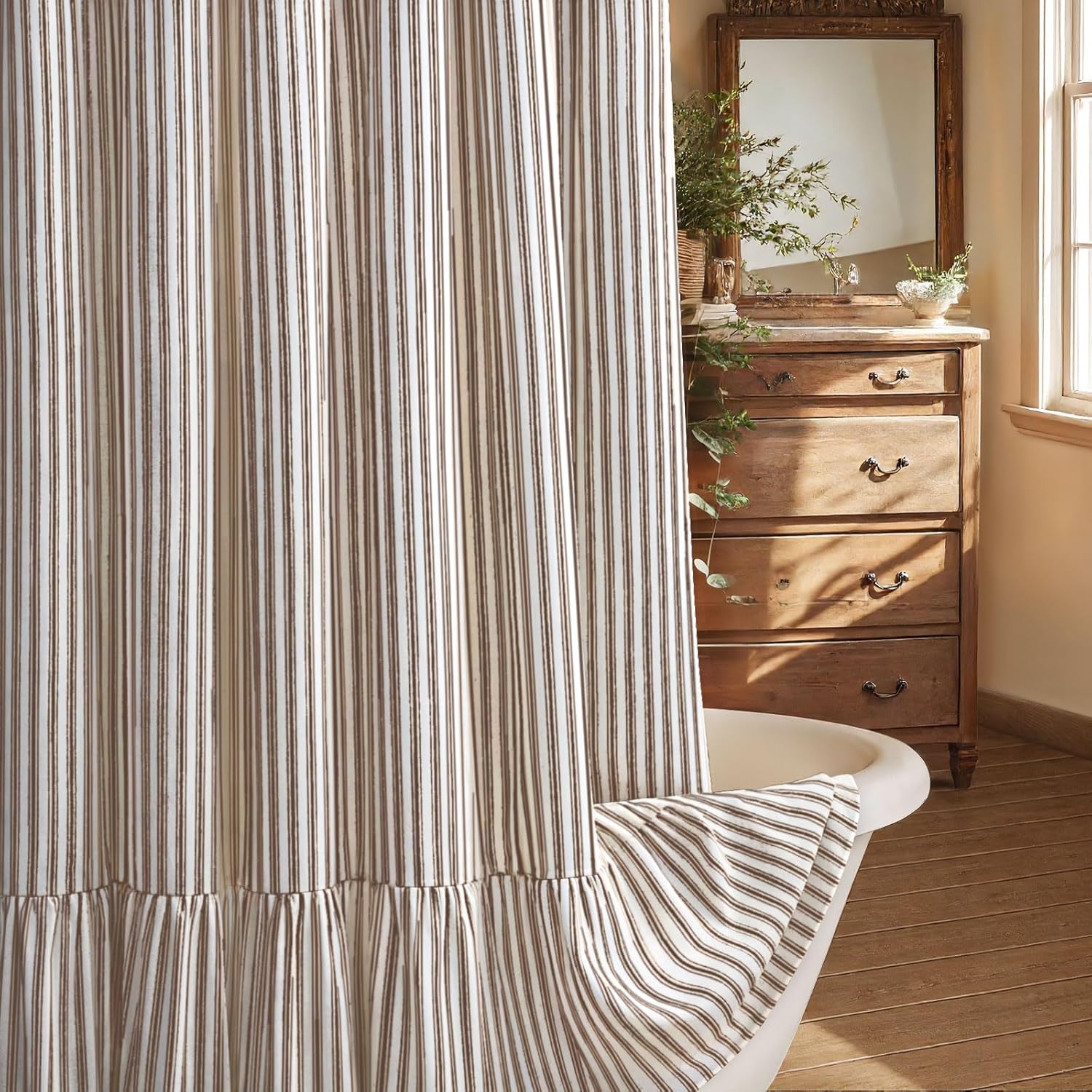 Farmhouse Shower Curtain Ruffle Linen Cream-Brown Stripe 72"W x 78"L