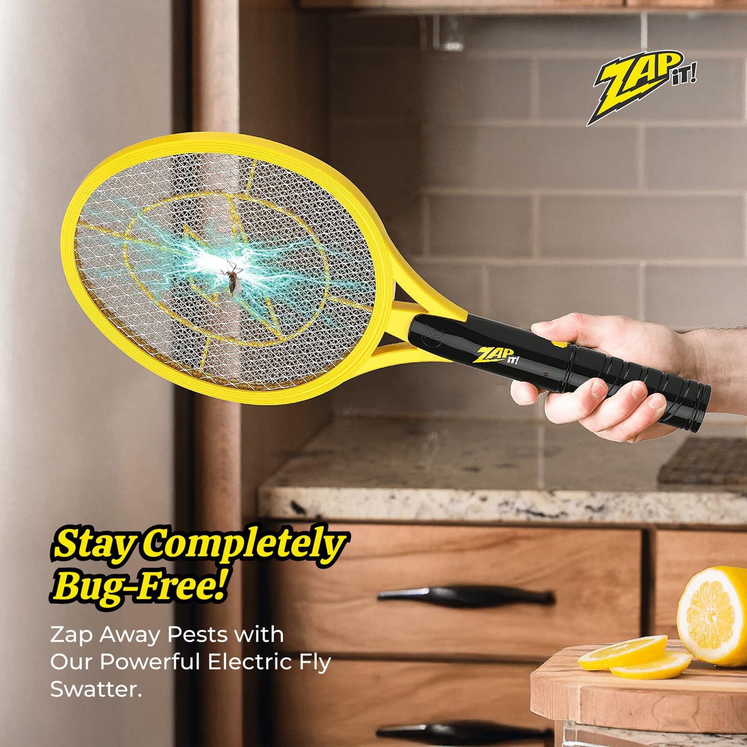 ZAP IT! Battery Powered Fly Swatter Racket - 3,500-Volt Mosquito Zapper with 2 AA Batteries Included and LED Light -Medium- Safe 3-Layer Mesh, Dark Yellow, Bug Zapper Racquet for Indoors and Outdoors