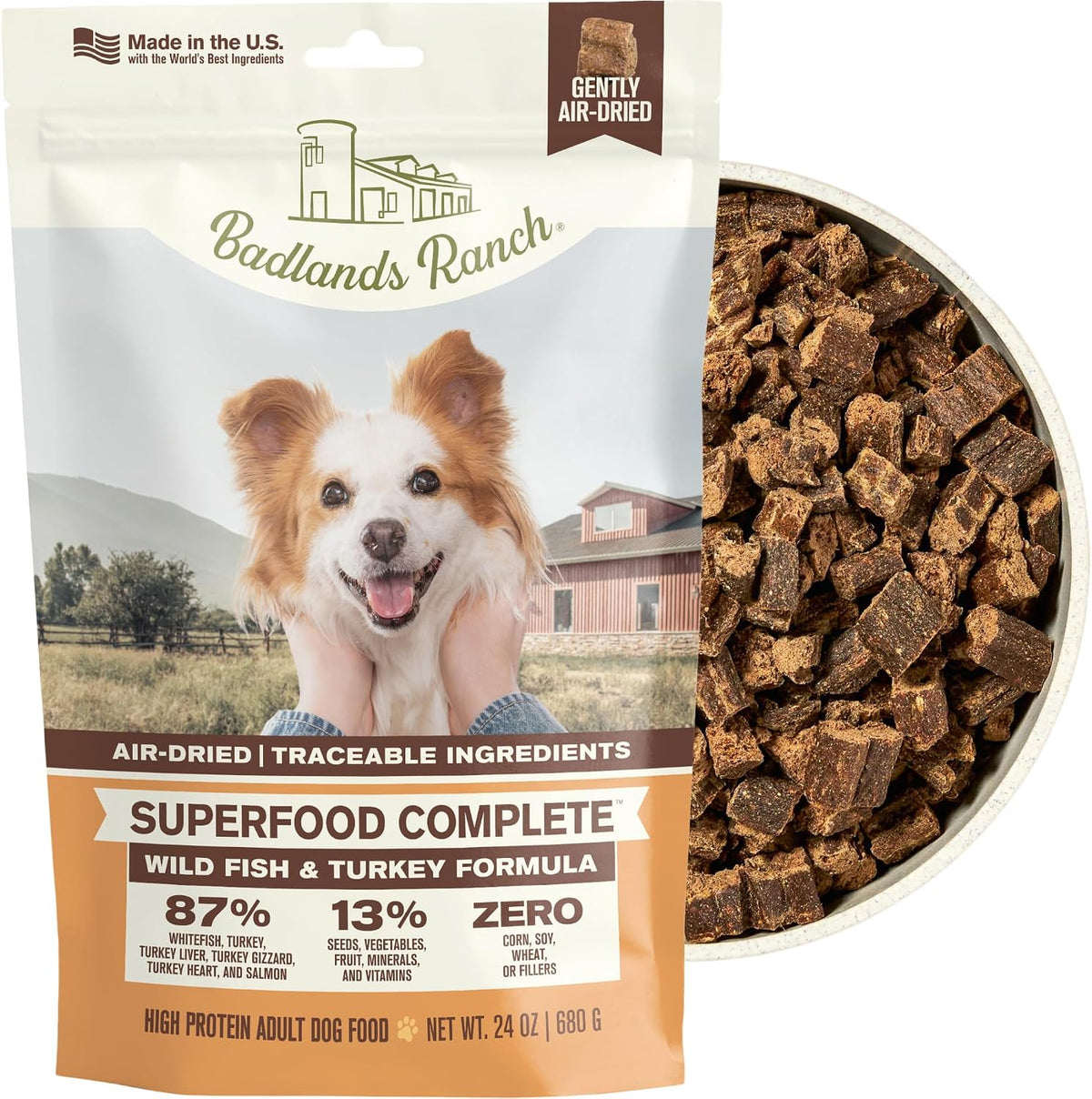 BADLANDS RANCH Air-Dried Fish & Turkey Dog Food, 87% Meat, 24 oz