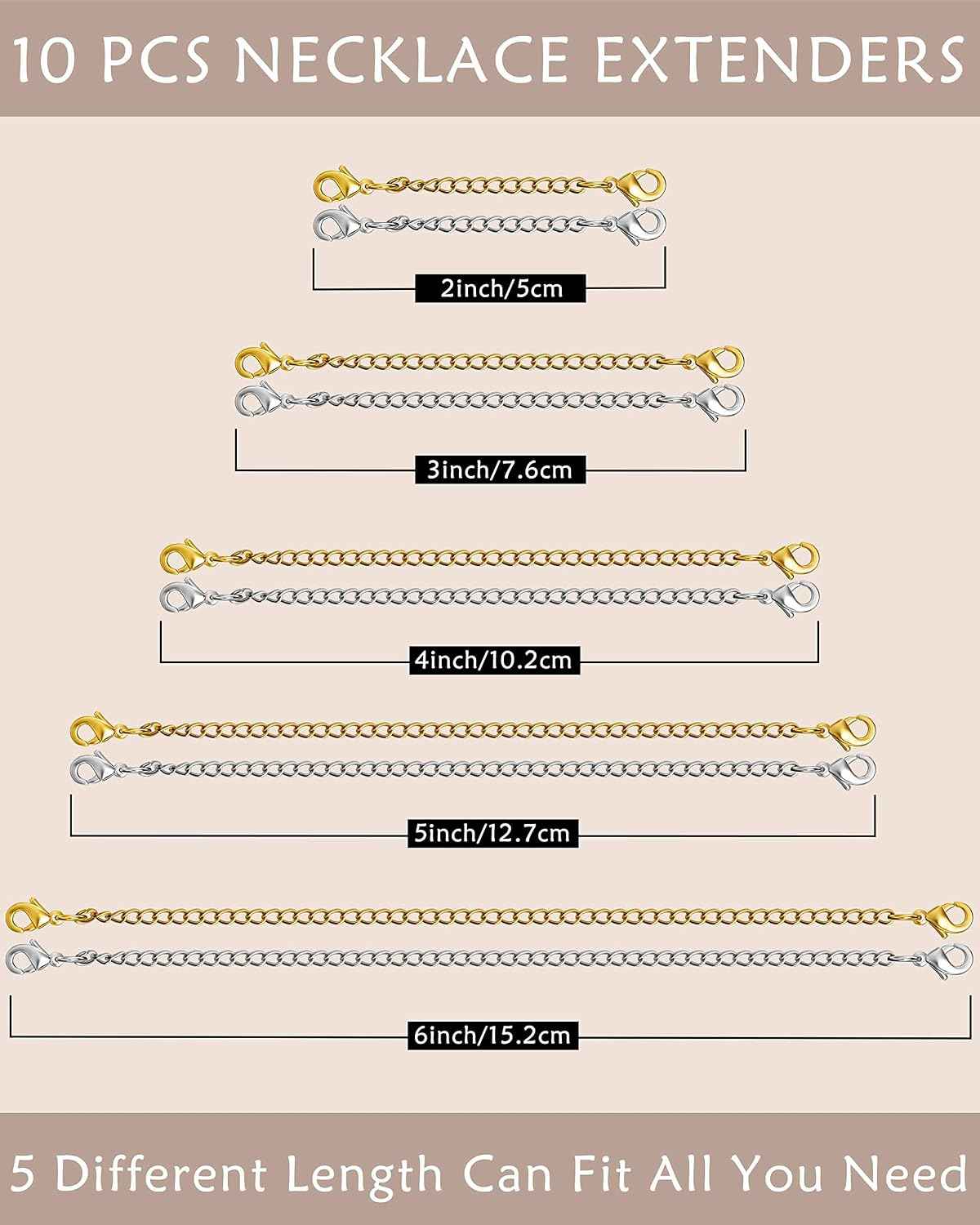 OHINGLT Necklace Extender 10Pcs Chain Extenders for Necklaces Bracelet, 14K Gold and Silver Plated Stainless Steel Extension Chain for Women Jewelry Making