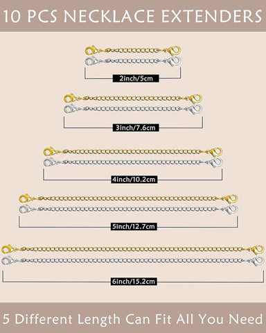 OHINGLT Necklace Extender 10Pcs Chain Extenders for Necklaces Bracelet, 14K Gold and Silver Plated Stainless Steel Extension Chain for Women Jewelry Making
