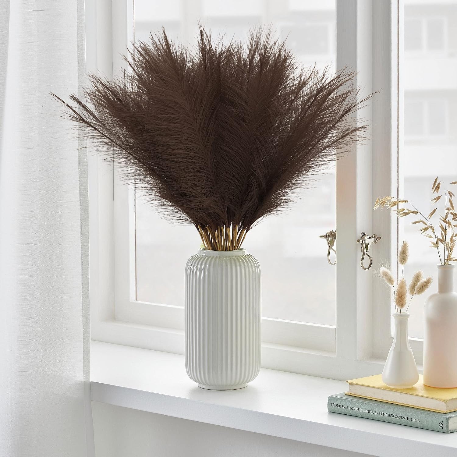 obbsie 50PCS Brown Faux Pampas Grass Decor, 21.6" Fluffy Vase Filler