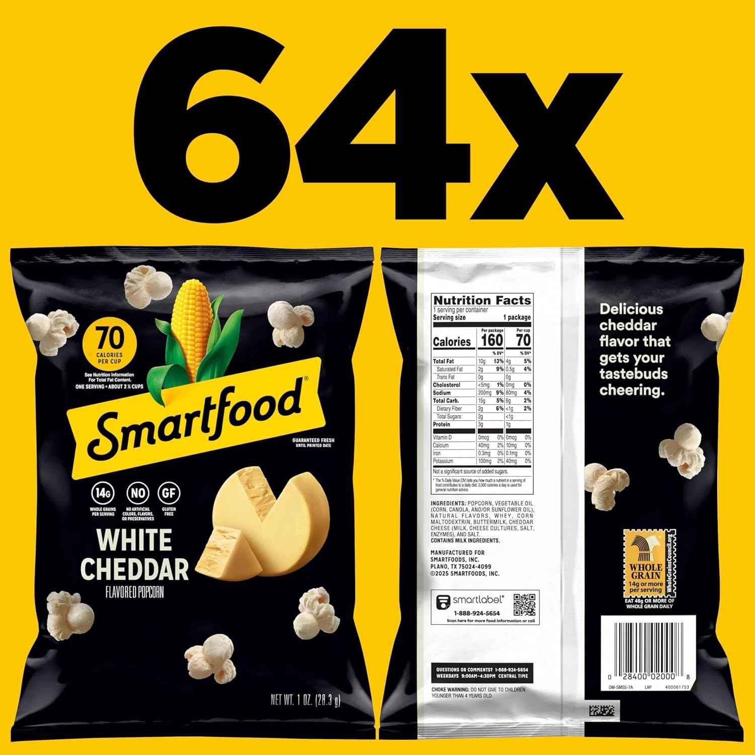Smartfood Popcorn, White Cheddar, 1 Ounce (Pack of 64)