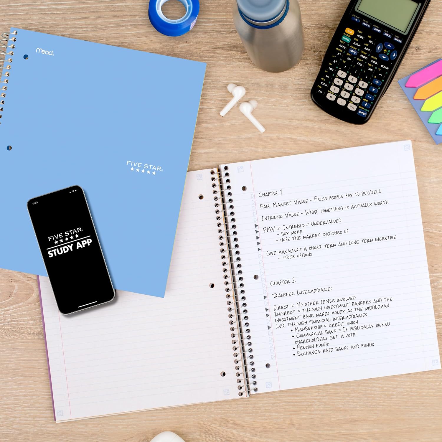 Five Star Spiral Notebook + Study App, 1 Subject, College Ruled Paper, 8.5" x 11", 100 Sheets, Blue (Color May Vary) (72565)