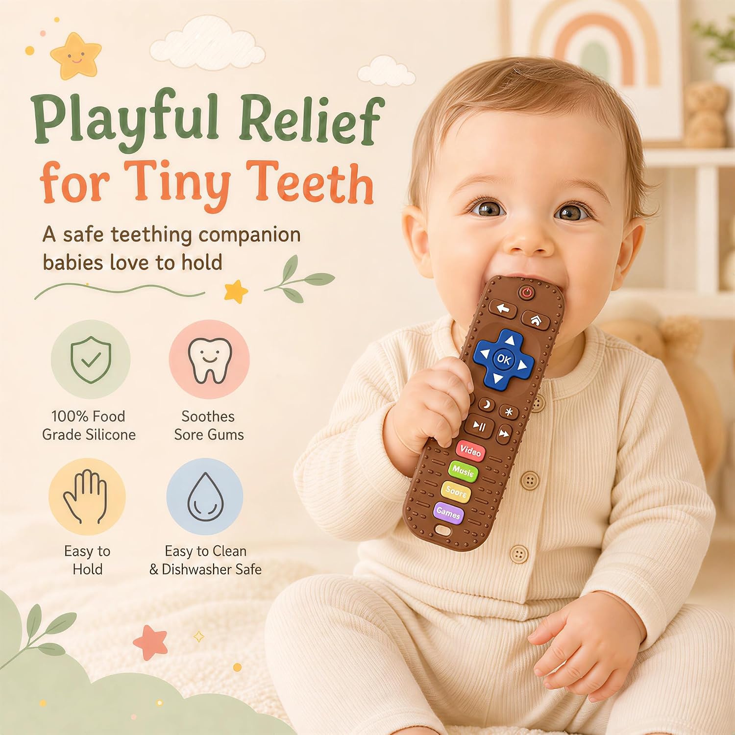 Baby Teething Toys, Remote Control Sensory Teether, Silicone Chew Toy for Teething Relief, BPA-Free Baby Remote Gift for Infants 3-6, 6-12 Months (Brown)