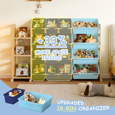 EXPERLAM Toy Storage Organizer, Toy Storage Shelf with 3 Shelves and 16 Storage Bins (12 Small + 4 Large), 3-in-1 Kids Bookshelf for Kids Rooms, Playroom, Nursery, Blue