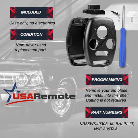 Cutting NOT Required - Key Fob Keyless Entry Remote Shell Case & Pad fits Honda 2003-2012 Accord / 2006-2013 Civic EX / 2009-2015 Pilot /2005-2006 CR-V