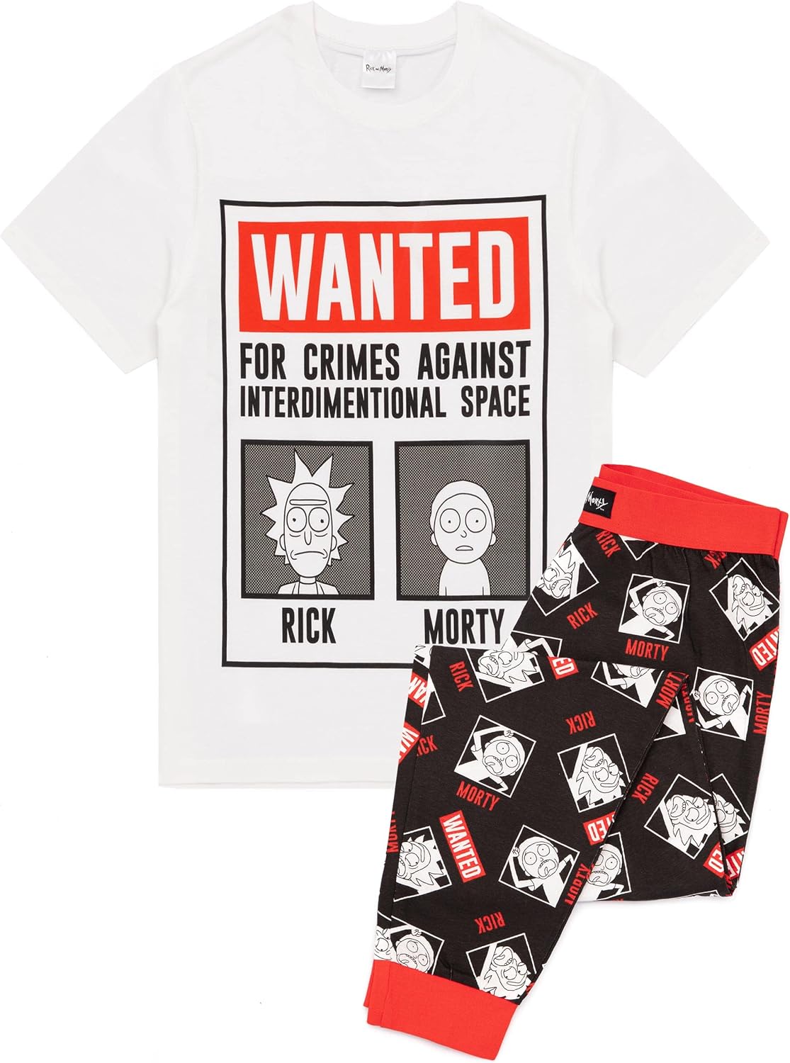 RICK AND MORTY Mens Pajama Set | Wanted Poster Short Sleeve Graphic Tee & Long Leg Print PJs | Sci-fi Comedy Merchandise