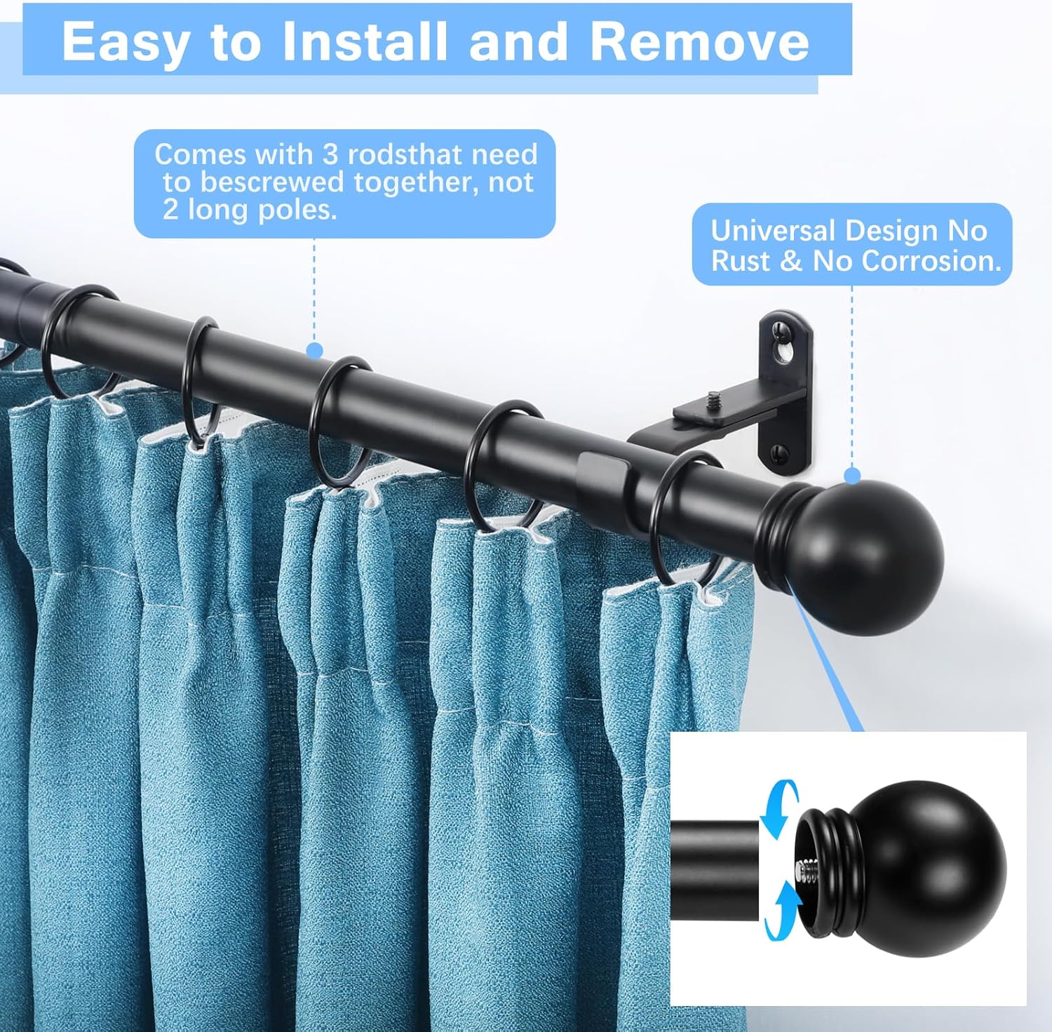 Curtain Rods for Windows 16-48", 1 In Black Curtain Rod, 2 Pack