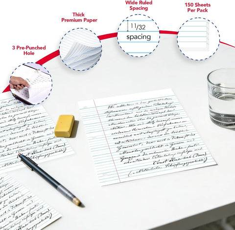 Kaisa Notebook Paper USA-Made Loose Leaf Paper, 24 Pack 3600 Sheets 8"x10.5" Wide Ruled - 3-Hole Punched Bulk Filler Paper for 3-Ring Binder, 150 Sheets/Pack, Wholesale Available(24Pack-Wide)