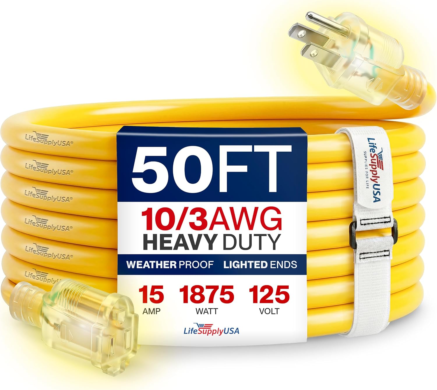 50ft Outdoor/Indoor Extension Cord 10/3 Gauge Ultra Heavy Duty 3 Prong SJTW, Waterproof, Flexible Cold-Resistant Long Power Cord,15A 125V 1875W, Yellow by LifeSupplyUSA